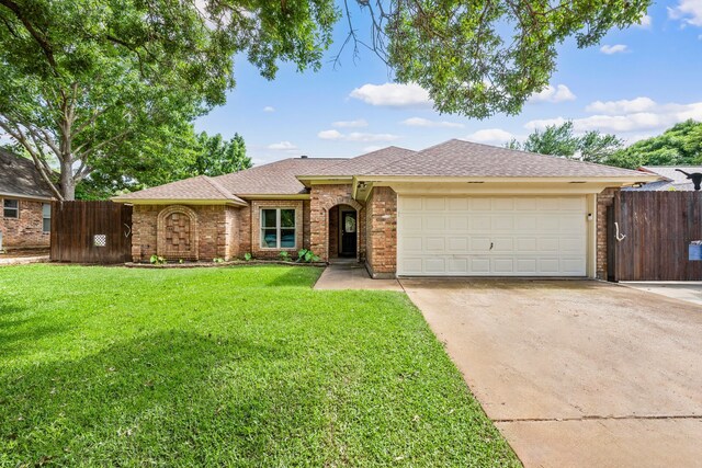 ranch-style home featuring a garage, concrete driveway, brick siding, and a shingled roof