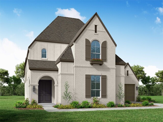 view of front of home with a front lawn, roof with shingles, a garage, and brick siding