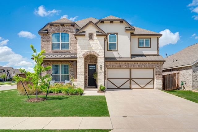 1740 Wassel Rd, Fort Worth, TX 76052 - french provincial home with a standing seam roof, concrete driveway, a garage, a shingled roof, and brick siding