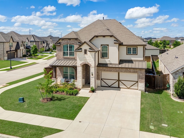 1740 Wassel Rd, Fort Worth, TX 76052 - french country home featuring a standing seam roof, a residential view, roof with shingles, and an attached garage