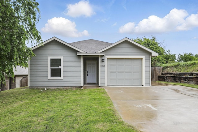 8028 Arbor Ave, Fort Worth, TX 76116 - ranch-style house with fence, roof with shingles, a front yard, concrete driveway, and an attached garage