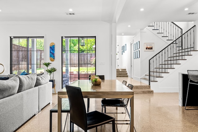 dining space with visible vents, light speckled floor, stairs, and recessed lighting
