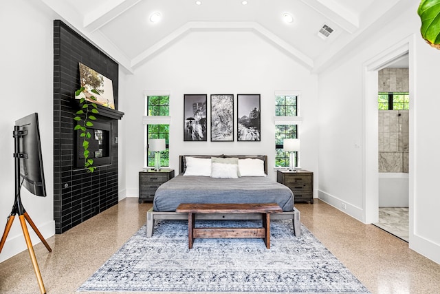 bedroom with recessed lighting, speckled floor, baseboards, high vaulted ceiling, and beam ceiling