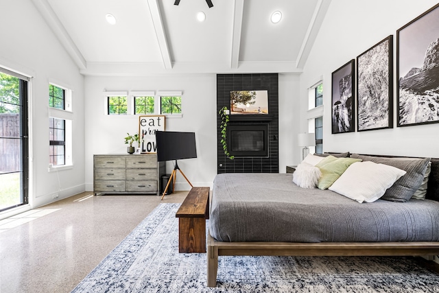 bedroom with baseboards, beam ceiling, a tile fireplace, speckled floor, and recessed lighting