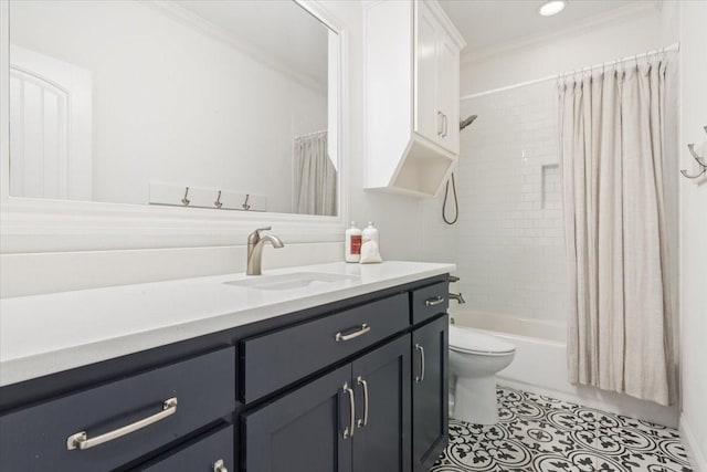 full bath featuring crown molding, shower / bath combo with shower curtain, toilet, vanity, and tile patterned flooring
