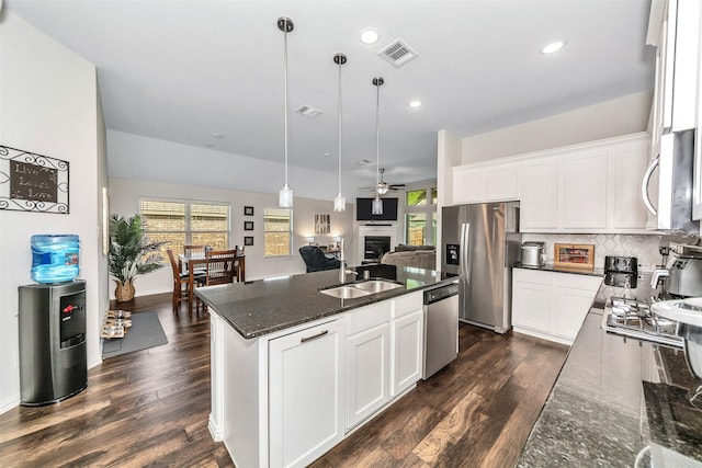 1116 Quail Dove Dr, Little Elm, TX 75068 - kitchen with a sink, appliances with stainless steel finishes, a fireplace, dark wood finished floors, and recessed lighting