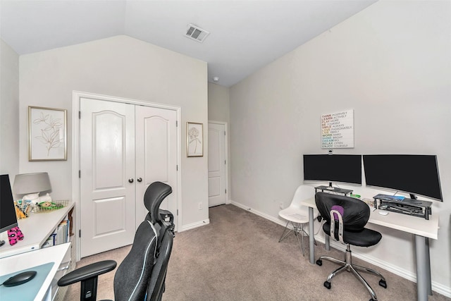 1116 Quail Dove Dr, Little Elm, TX 75068 - office space featuring vaulted ceiling, carpet floors, and baseboards