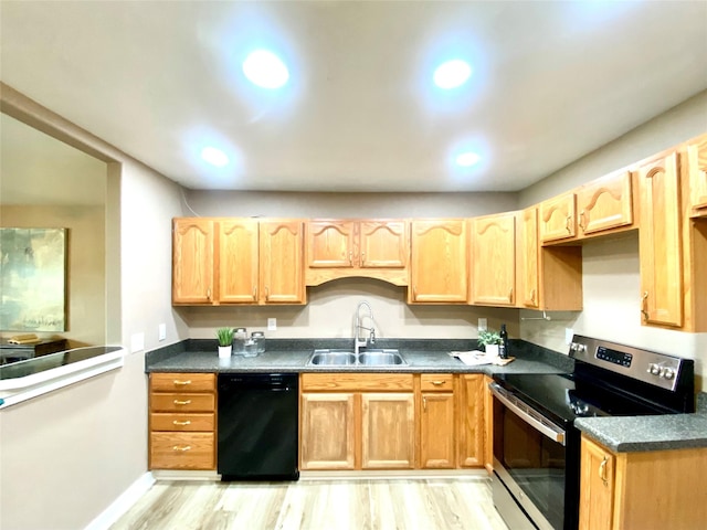 102 S Oak St, Paradise, TX 76073 - kitchen featuring stainless steel electric range, dishwasher, light wood-type flooring, dark countertops, and light brown cabinets