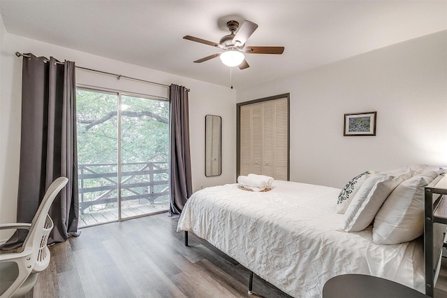 4306 Elmwood Ct, Granbury, TX 76049 - bedroom featuring access to exterior, ceiling fan, a closet, and wood finished floors