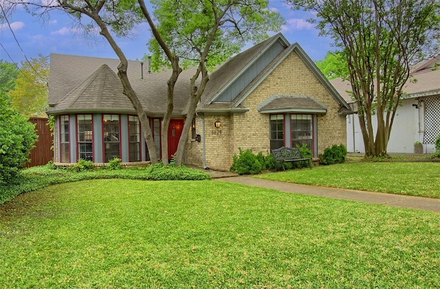 view of front facade featuring fence, roof with shingles, a front lawn, and brick siding