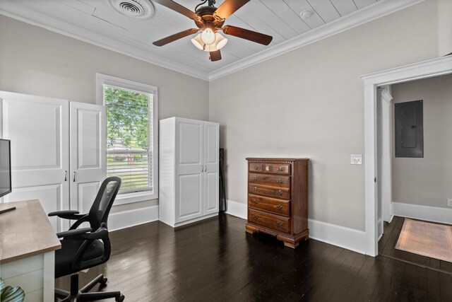 office space with electric panel, a ceiling fan, visible vents, baseboards, and ornamental molding