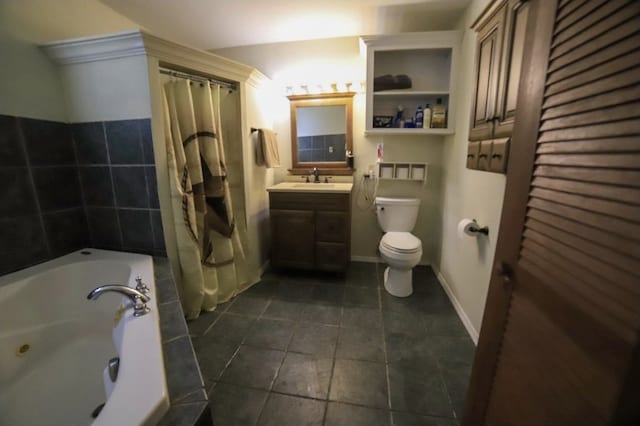 bathroom with tile patterned flooring, vanity, toilet, a tub with jets, and a shower with shower curtain