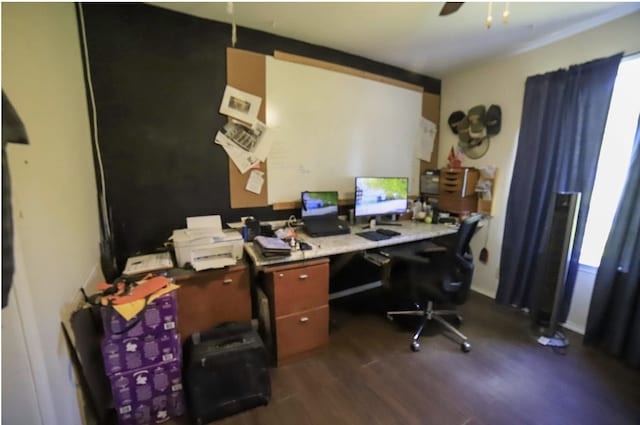 home office with ceiling fan and dark wood-style floors
