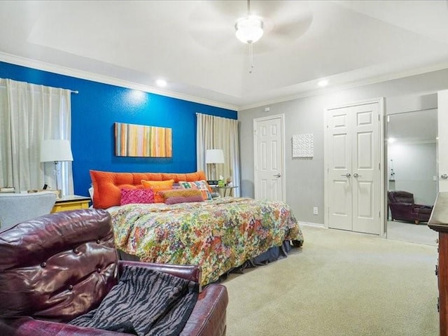 1428 Oxford Ln, Denton, TX 76209 - carpeted bedroom with recessed lighting, ornamental molding, a raised ceiling, and a ceiling fan
