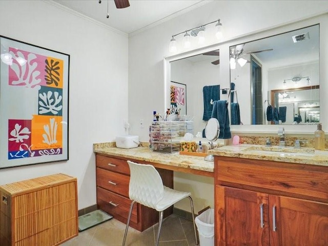 1428 Oxford Ln, Denton, TX 76209 - full bath with visible vents, ceiling fan, tile patterned floors, and vanity
