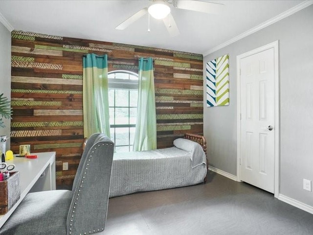 1428 Oxford Ln, Denton, TX 76209 - bedroom featuring baseboards, ornamental molding, a ceiling fan, and wood walls
