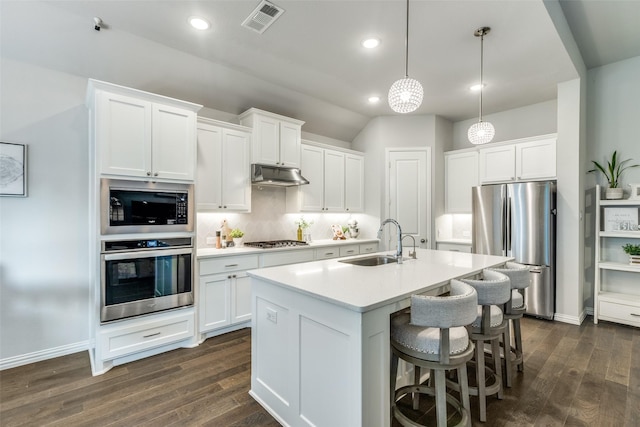 kitchen featuring a sink, visible vents, stainless steel appliances, under cabinet range hood, and a center island with sink