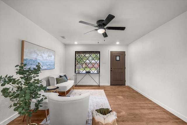 5409 Mallory Dr, Haltom City, TX 76117 - sitting room featuring visible vents, baseboards, recessed lighting, wood finished floors, and a ceiling fan
