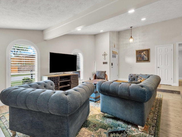 living room with baseboards, recessed lighting, wood finished floors, and a textured ceiling