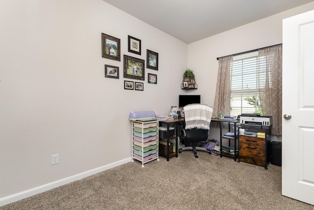 home office featuring baseboards and carpet flooring