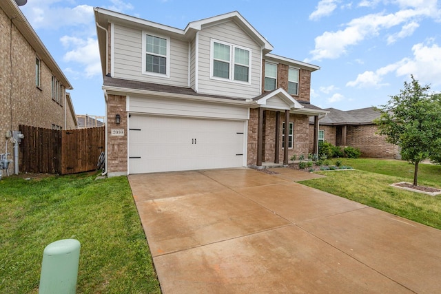 traditional home featuring a front lawn, brick siding, concrete driveway, an attached garage, and fence