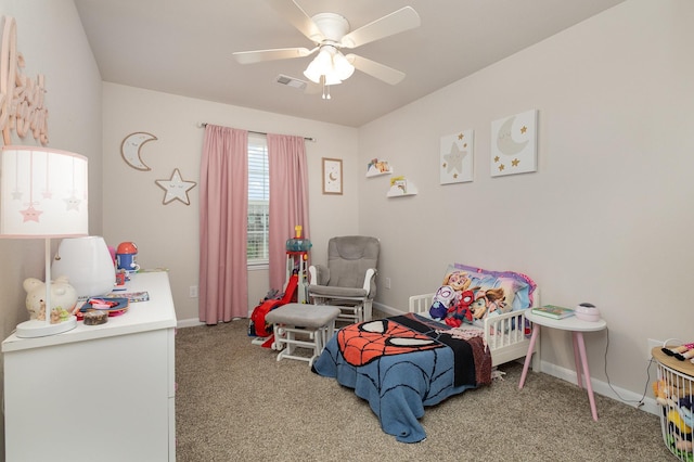 bedroom featuring visible vents, a ceiling fan, carpet flooring, and baseboards