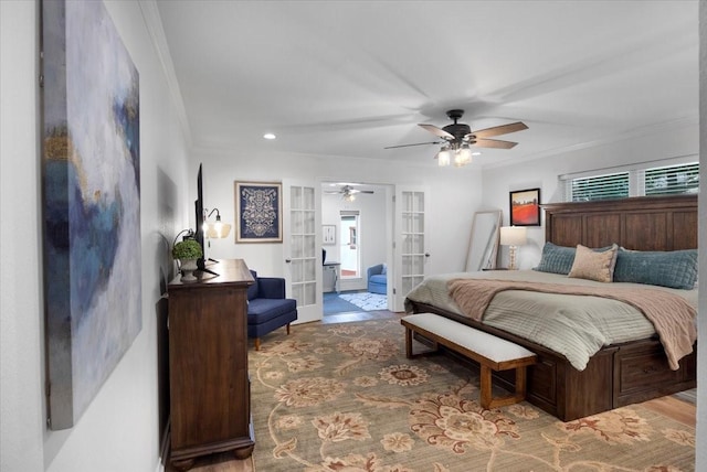 bedroom featuring crown molding, recessed lighting, ceiling fan, and french doors