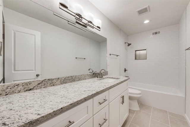 bathroom with tile patterned floors, visible vents, toilet, and vanity