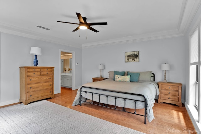 bedroom featuring ornamental molding, light wood-type flooring, multiple windows, baseboards, and ceiling fan