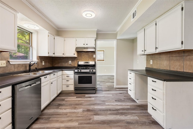 2820 Bois D Arc St, Commerce, TX 75428 - kitchen with appliances with stainless steel finishes, under cabinet range hood, a textured ceiling, dark countertops, and light wood-type flooring
