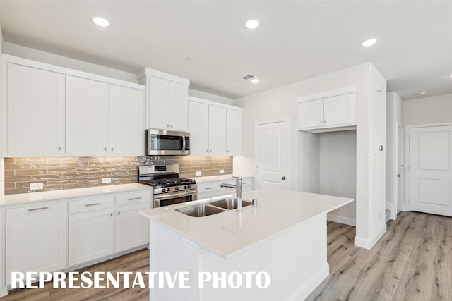 kitchen with appliances with stainless steel finishes, backsplash, light wood finished floors, a sink, and visible vents