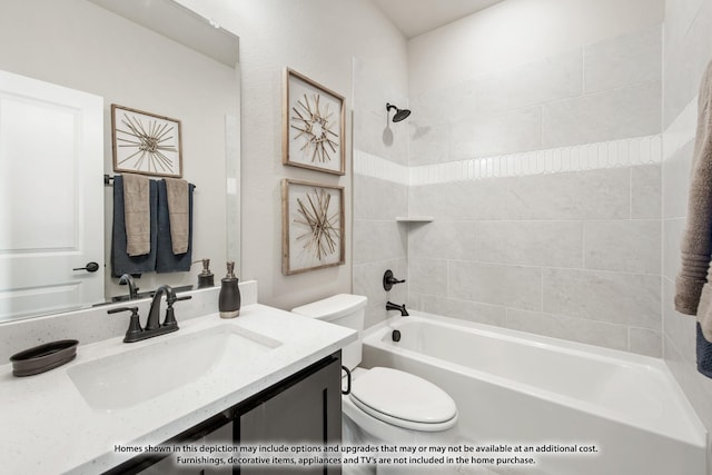 bathroom with toilet, shower / bath combination, and vanity