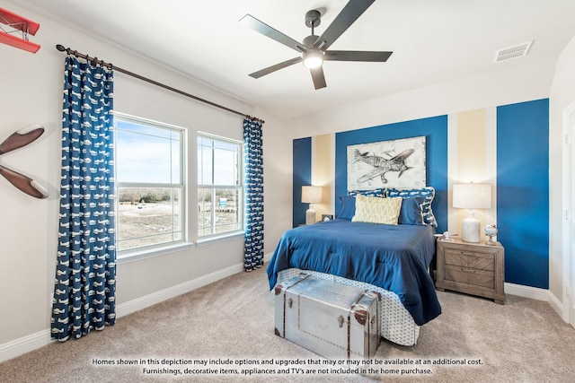 bedroom featuring a ceiling fan, visible vents, carpet floors, and baseboards