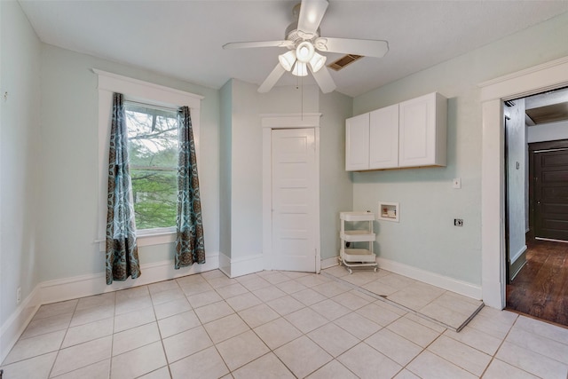 123 S Rosemont Ave, Dallas, TX 75208 - washroom with hookup for an electric dryer, washer hookup, ceiling fan, cabinet space, and baseboards