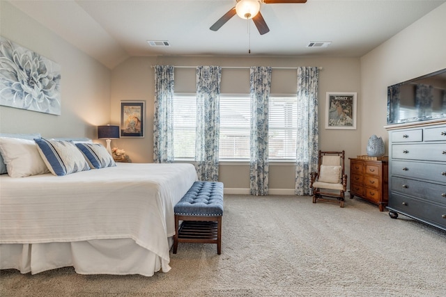 bedroom with carpet flooring, a ceiling fan, visible vents, and baseboards