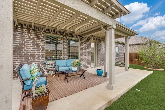view of patio with an outdoor hangout area, a pergola, and fence