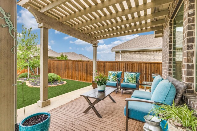 view of patio / terrace with a pergola, an outdoor hangout area, and a fenced backyard