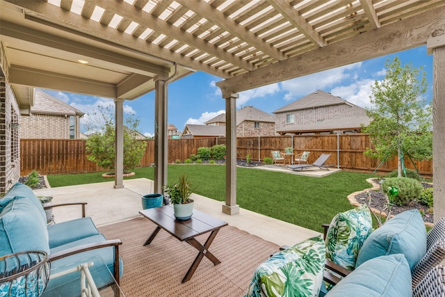 view of patio with an outdoor living space, a fenced backyard, and a pergola