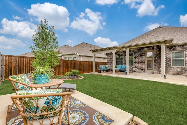 view of yard with outdoor lounge area, a patio, a pergola, and a fenced backyard