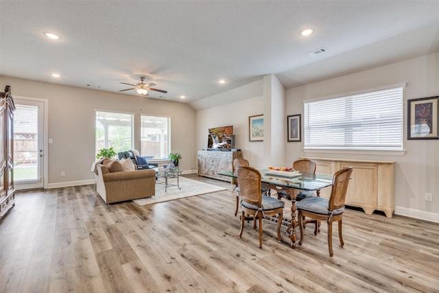 dining space with visible vents, ceiling fan, baseboards, recessed lighting, and light wood finished floors