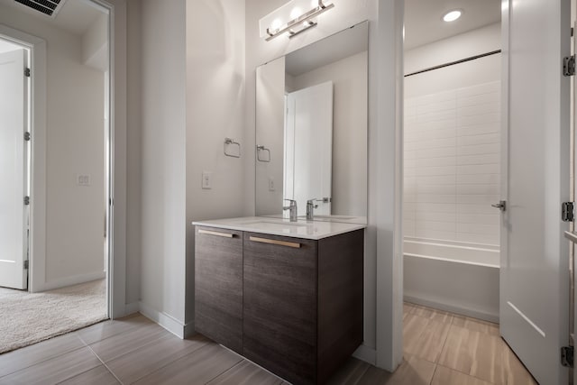 full bath featuring visible vents, recessed lighting, shower / bath combination, and vanity