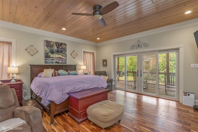 bedroom with crown molding, access to outside, recessed lighting, and wooden ceiling