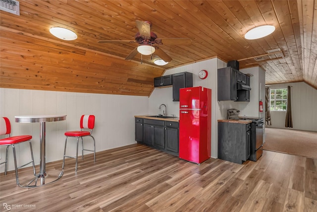 kitchen featuring a sink, light wood finished floors, black electric range oven, vaulted ceiling, and wood ceiling