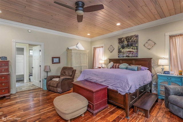 bedroom with wood ceiling, ceiling fan, hardwood / wood-style flooring, ornamental molding, and recessed lighting