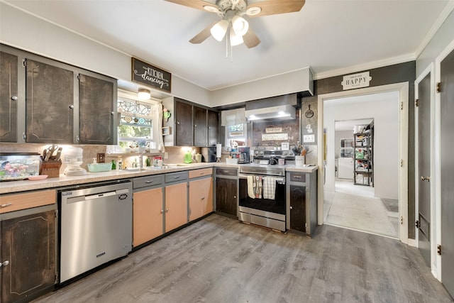kitchen featuring dark brown cabinetry, a ceiling fan, light countertops, light wood finished floors, and stainless steel appliances