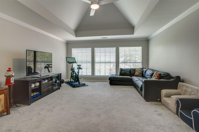 living room featuring a raised ceiling, ceiling fan, ornamental molding, and carpet