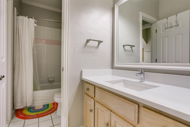 bathroom with vanity, ornamental molding, toilet, shower / bathtub combination with curtain, and tile patterned floors