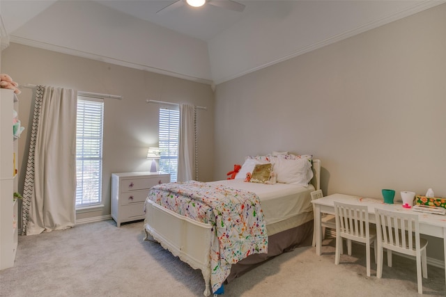bedroom with ceiling fan, light carpet, and ornamental molding