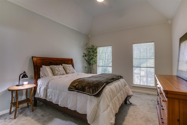 bedroom featuring light carpet, ornamental molding, and multiple windows