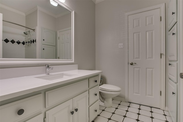 bathroom with vanity, ornamental molding, a shower, and toilet